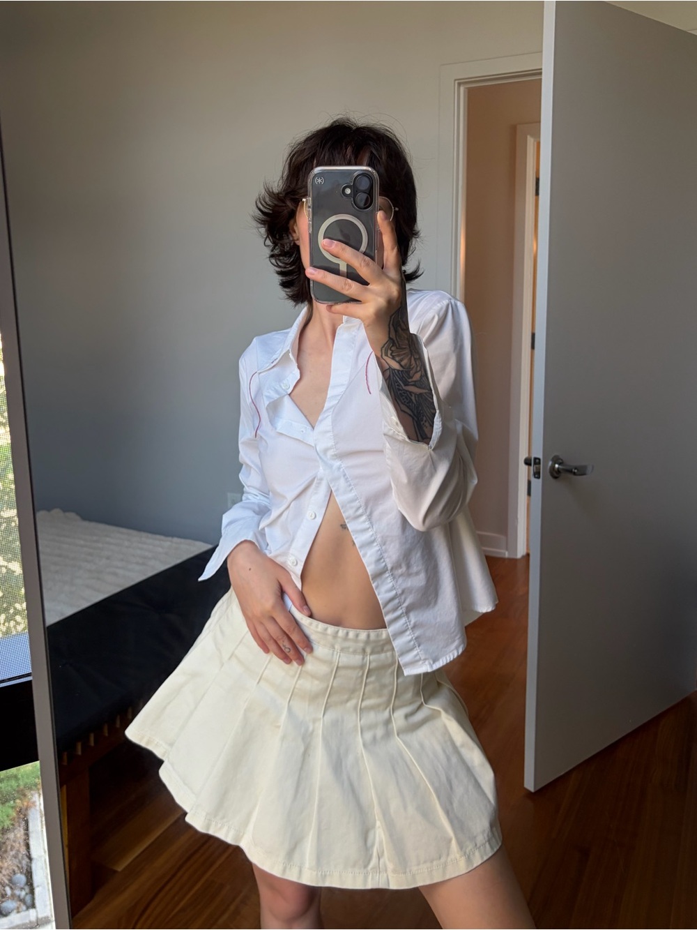Cream Pleated Mini Skirt